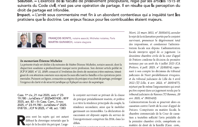 Préciput et droit de partage : prélever, c&rsquo;est soustraire à l&rsquo;opération de partage