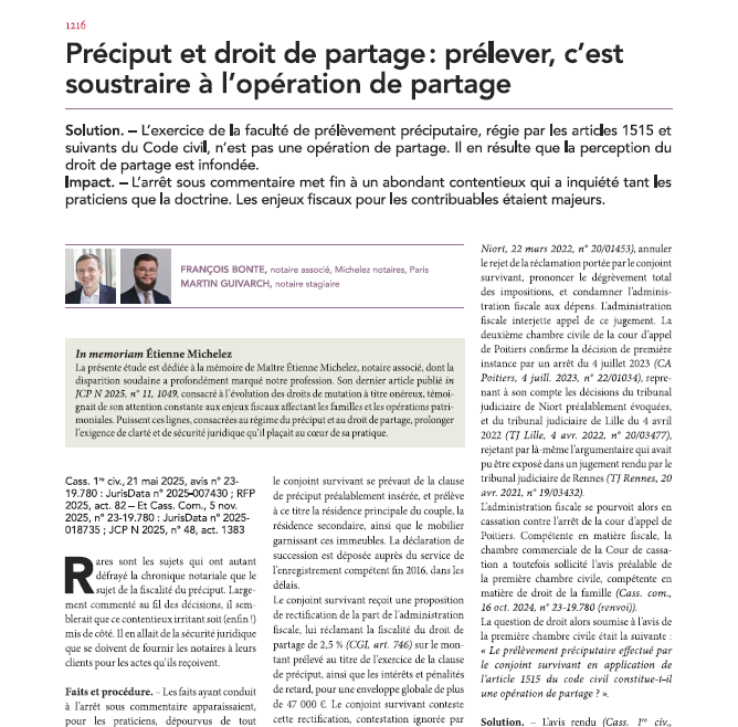 Préciput et droit de partage : prélever, c&rsquo;est soustraire à l&rsquo;opération de partage